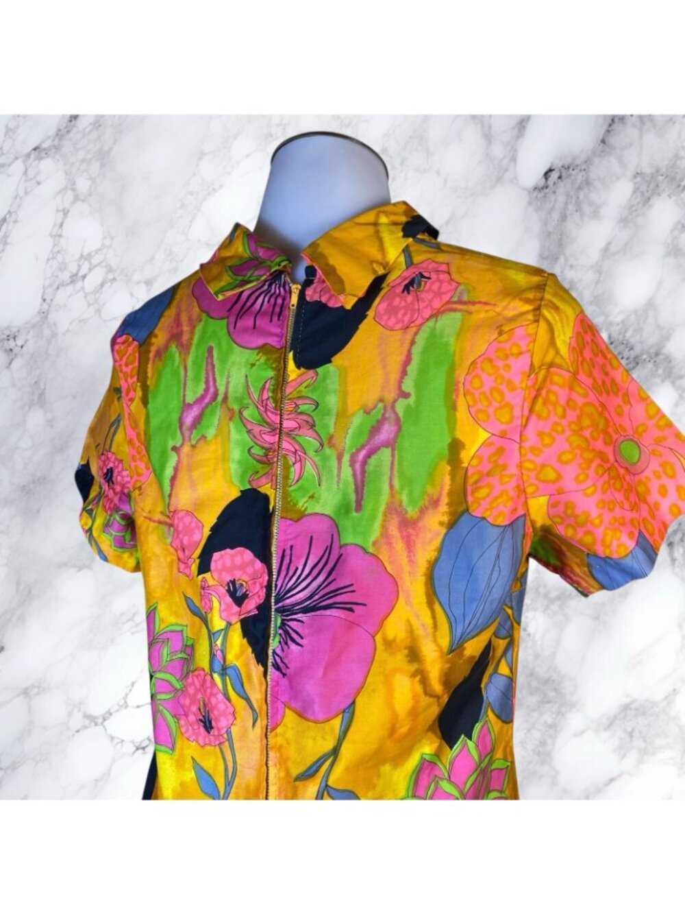 VTG 60-70’s WideVTG 60-70’s Wide Leg Neon Floral Psychedelic Crop Flare Jumpsuit - Picture 5 of 12